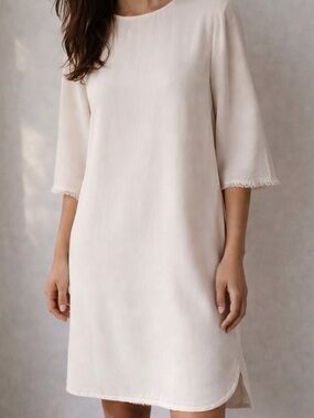 Rodebjer Eluera Ivory Shift Dress XS Fringe Trim Crepe Minimalist Scandinavian